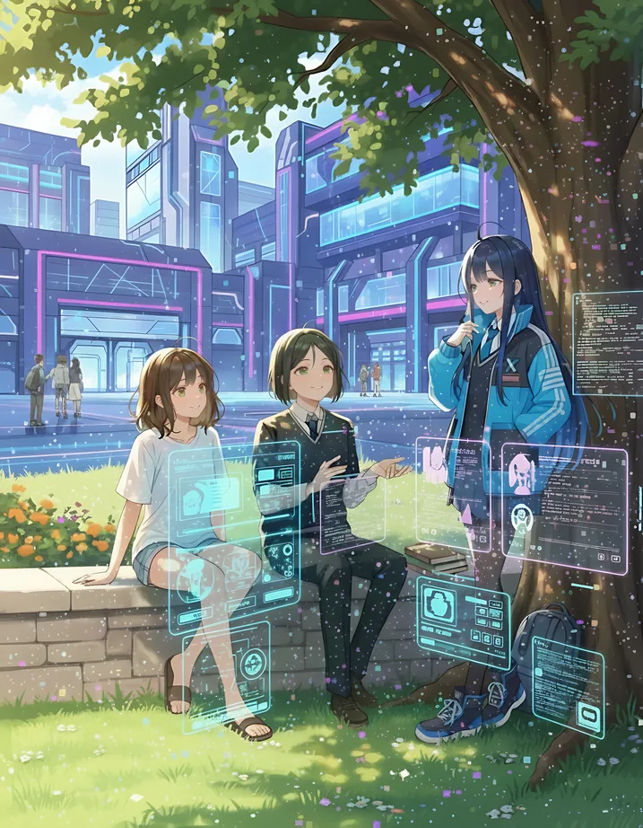 Concept art of the ALICE World: three friends under a tree, each with translucent interface panels floating in front of them.